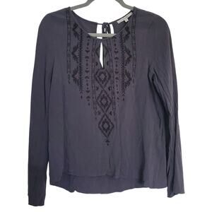 Miss Me Whimsigoth Peasant Blouse S Gray/Blue Linen Top Boho Indie Embroidered